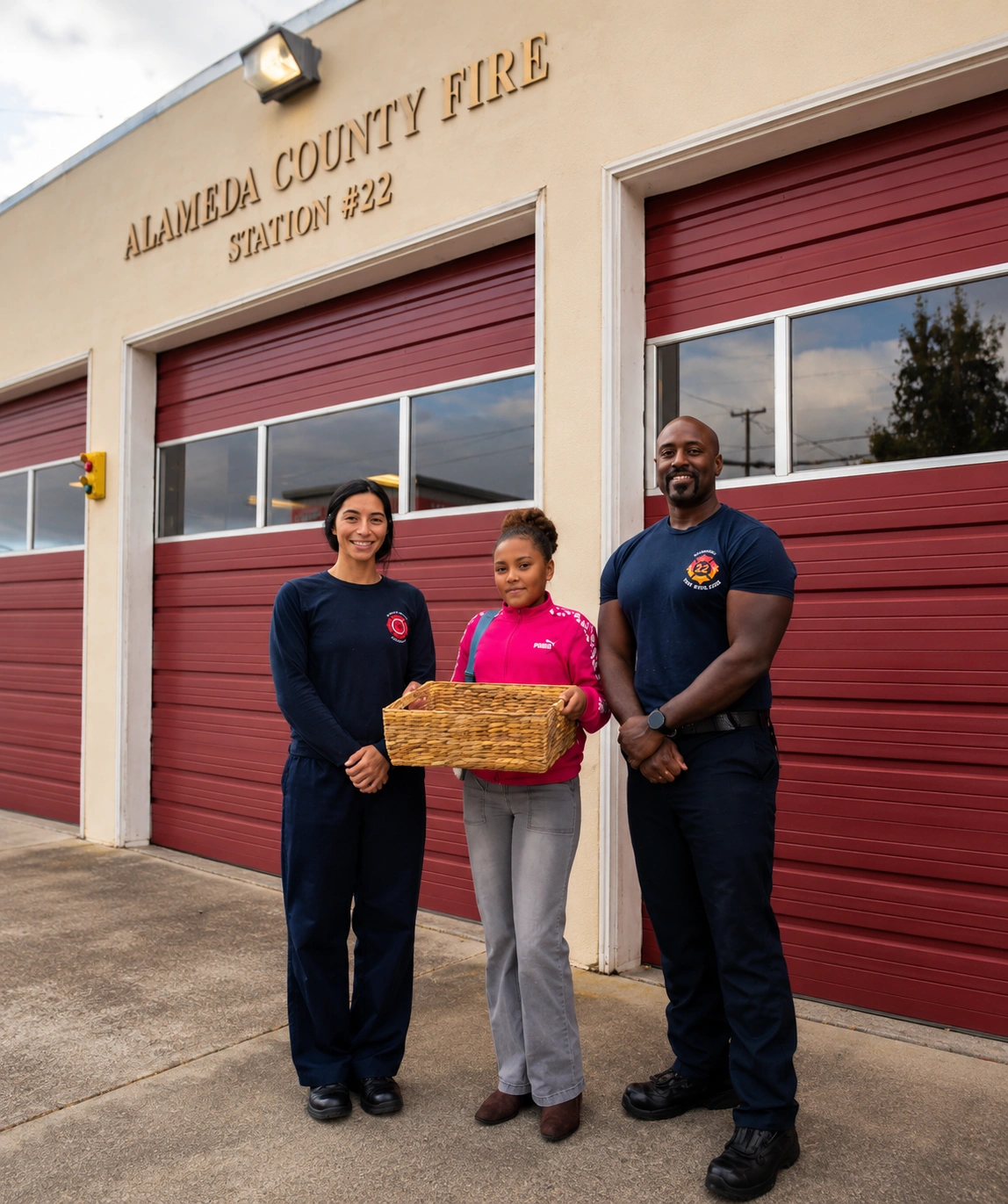 Phoenix of Ember and Whisk with a box of cookie standing with firefighters in front of station #22