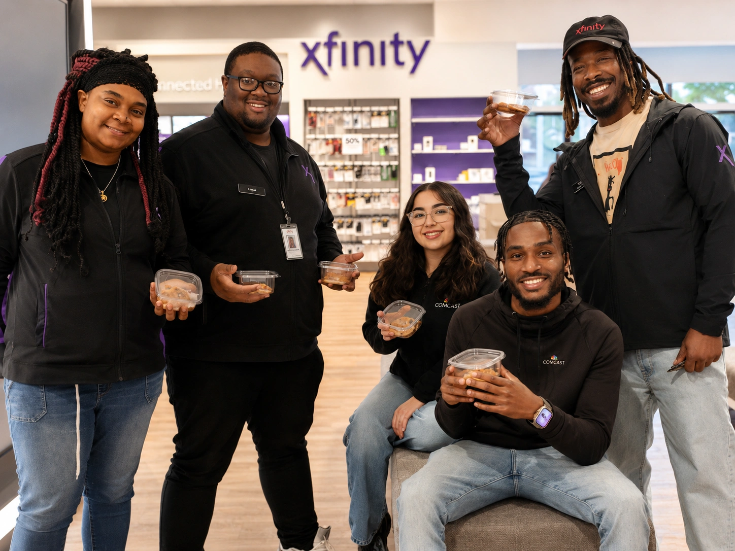 Team Smiles with Treats at Xfinity Store after taking a bite of Ember and Whisk Nana's Sticky Peach Cobbler cookie
